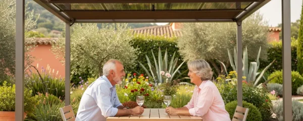 Pergola photovoltaïque sur terrasse avec panneaux solaires intégrés offrant ombrage