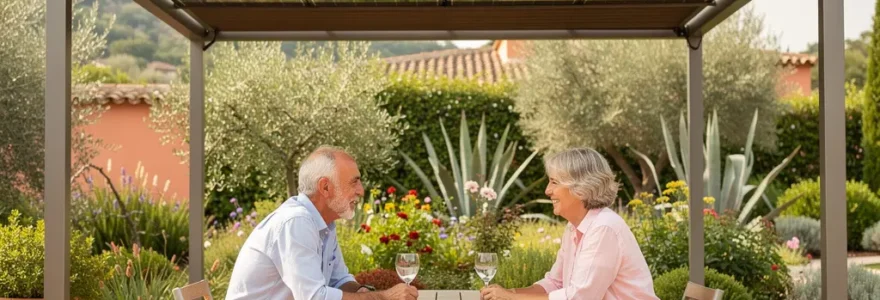 Pergola photovoltaïque sur terrasse avec panneaux solaires intégrés offrant ombrage